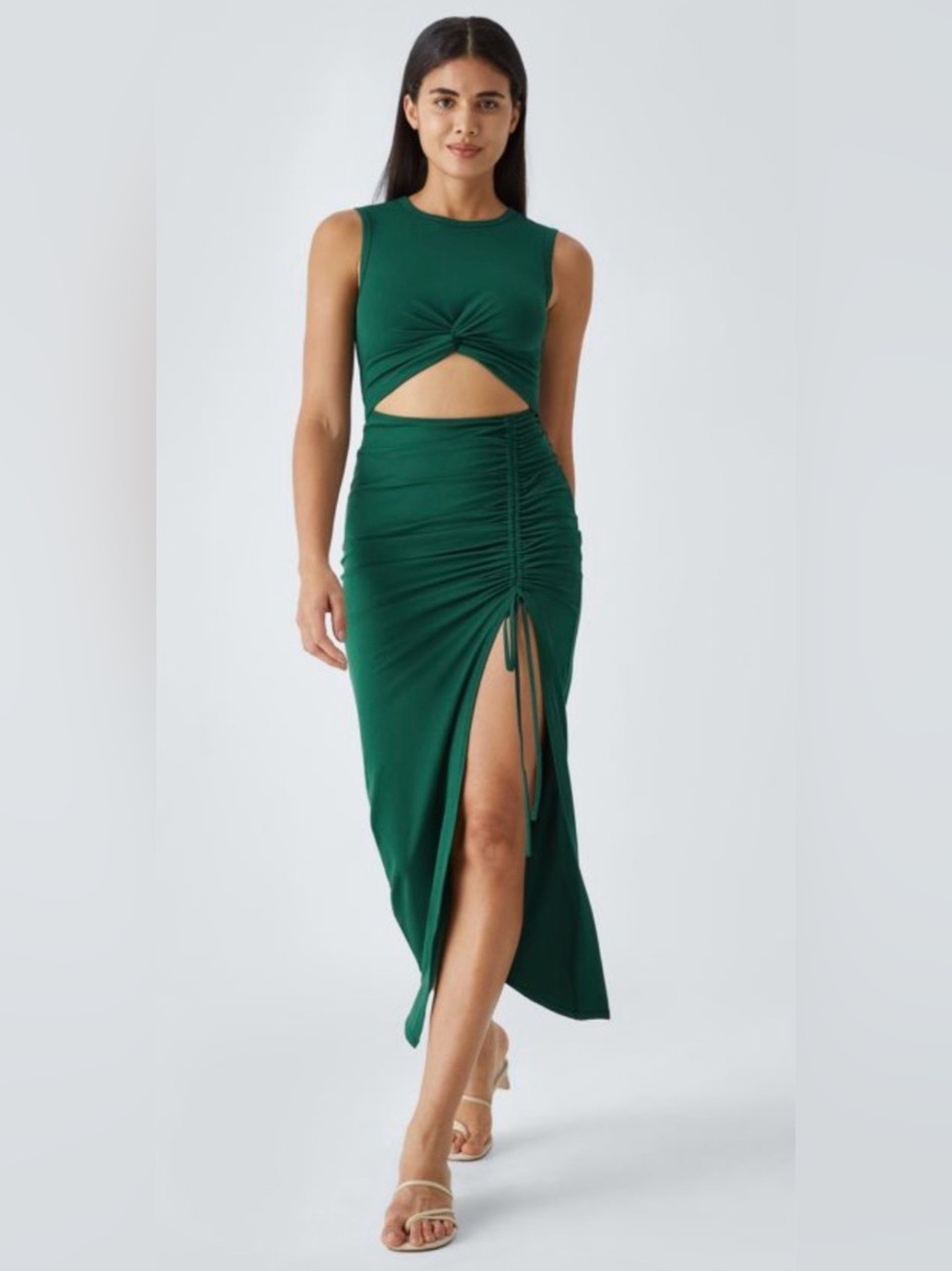Halara Sleeveless Cutout Ruched Midi Dress Green Rain Forest Size L NWT